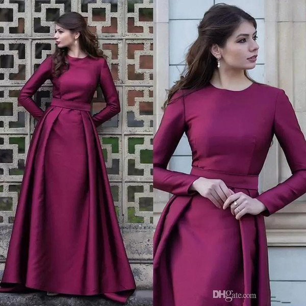 Long Sleeve evening dress Jewel Neck Satin elegant formal dress for women Muslim evening prom gown