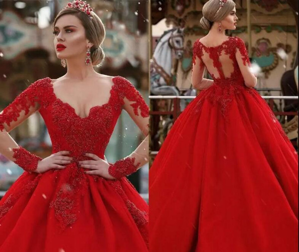 Luxury Red Evening Dresses Beads V Neck Long Sleeves Court Train Illusion Back Formal Evening Party Wear