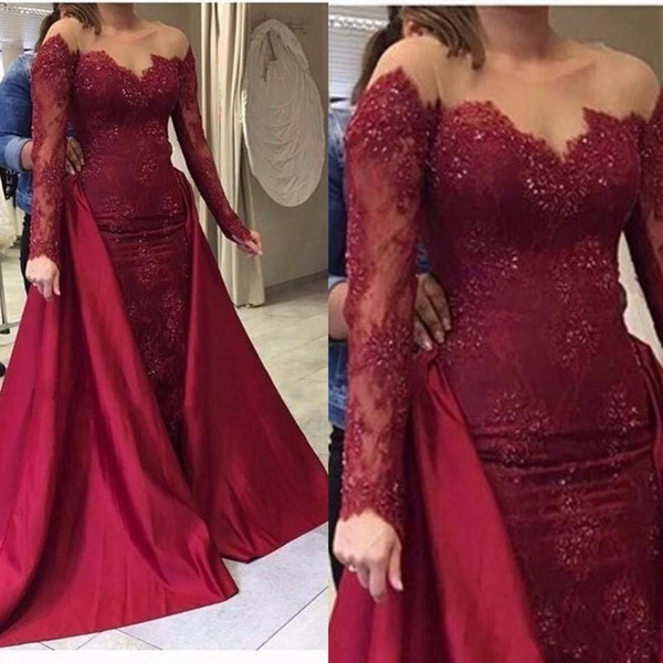 Burgundy Mermaid Evening Dresses with detachable train Arabic Sheer Neck Sequins Long Sleeves Prom Dress Party Gowns