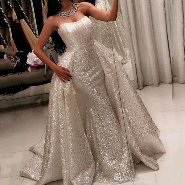 Silver Sequined Luxury Evening Dresses Sleeveless Mermaid Red Carpet Gowns With Detachable Train Arabic Gowns 