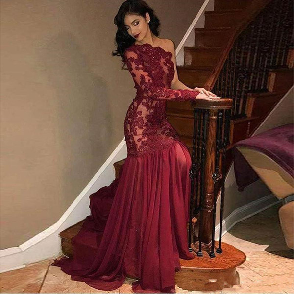 Vintage Burgundy Formal Evening Dresses One Shoulder Mermaid Prom Dresses With Appliqued floor Length Plus Size