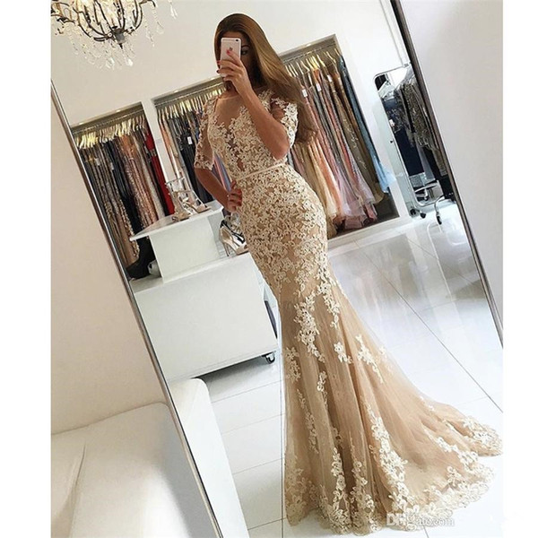 Lace Champagne Prom Dress Beaded Low V Back Half Sleeve Mermaid Evening Dresses Illusion Boat Neck Appliqued Vestidos De Fiesta