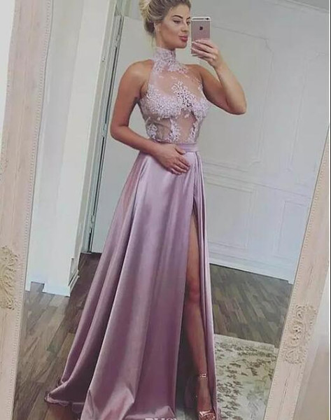 Split Sexy Evening Dresses High Neck Applique Sleeveless A Line Floor Length Custom Made Sexy Evening Gowns