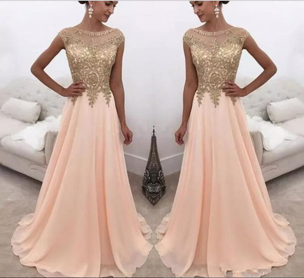 Evening Gowns Wear Arabic Peach Boat Neck Long Prom Dresses Illusion Gold Lace Appliques Cap Sleeves Chiffon Formal Party dresses