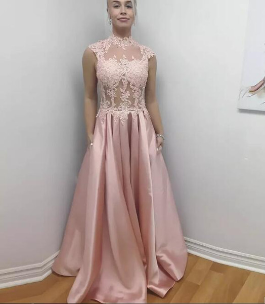 Pink Evening Dresses High Neck Illusion A Line With Lace Appliques Ruffles Formal Evening Wear Vestidos De Fiesta Long Prom Gowns