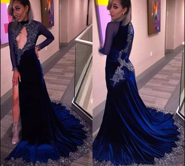 Navy Blue Long Sleeves Velvet Evening Dress Long Sexy V Neck High Split Floor Length Prom Dresses Elegant Celebrity Formal Dresse