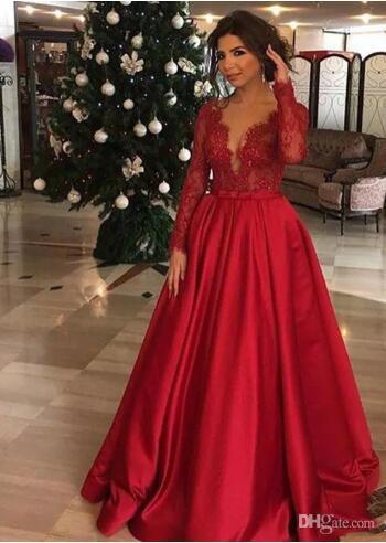 Red Evening Dresses Long Sleeves Lace And Satin Prom Gowns Back Zipper Custom Made Vestidos De Noiva