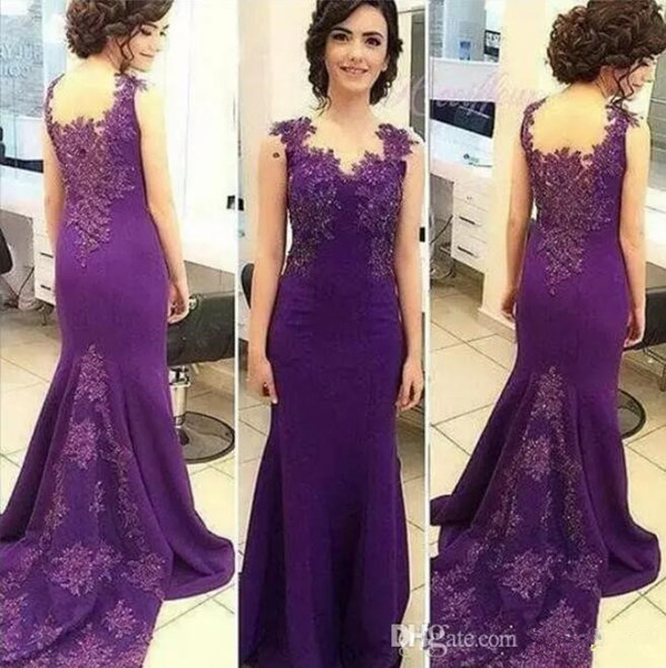 Evening gowns Purple V Neck Lace Applique Beaded Cap Sleeves Hollow Back Long Satin Mermaid Evening Wear Prom Dresses