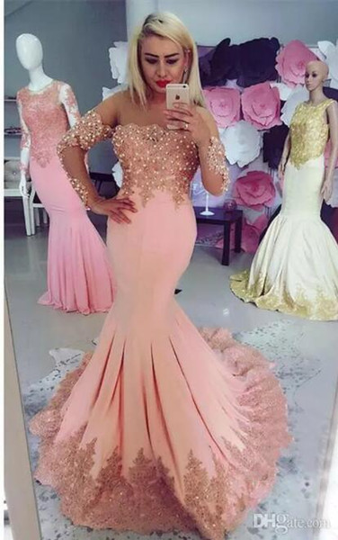 Long Sleeves Evening Dresses Peach Pink Formal evening wear Beads Mermaid Sheer Neck Beads Applique Prom Dresses yousef aljasmi