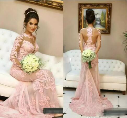 Lace Evening Dresses Long Sleeve pink sheer vestidos de sorrie evening gowns arabic Prom Dresses