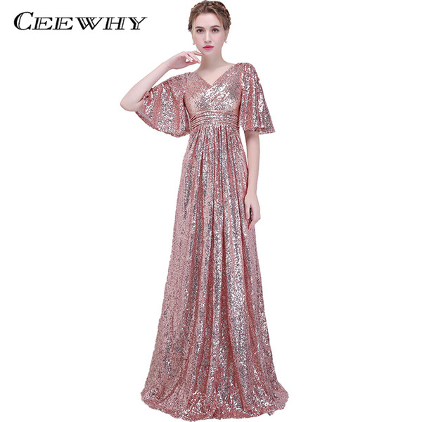 CEEWHY Ruffles Half Sleeve Sequined Prom Dresses Formal Gown V-Neck Long Evening Dress Robe de Soiree Longue Abendkleider