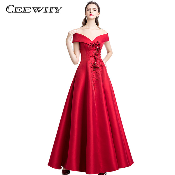 CEEWHY Boat Neck Long Evening Dresses Satin Beading Evening Dress Luxury Prom Formal Dress Evening Gown Vestido de Festa