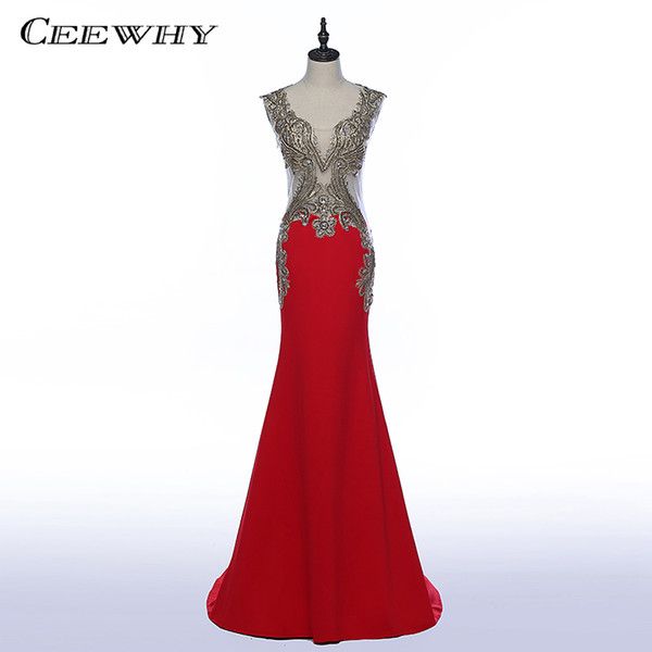 CEEWHY Red Long Formal Evening Dresses Mermaid with Embroidery Crystals Prom Party Gowns Floor-length Vestido De Festa