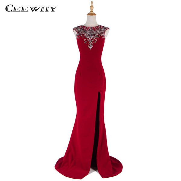 CEEWHY Abendkleider Burgundy Mermaid Evening Dresses Crystals Beading Evening Gowns Backless Prom Dresses Vestido De Festa