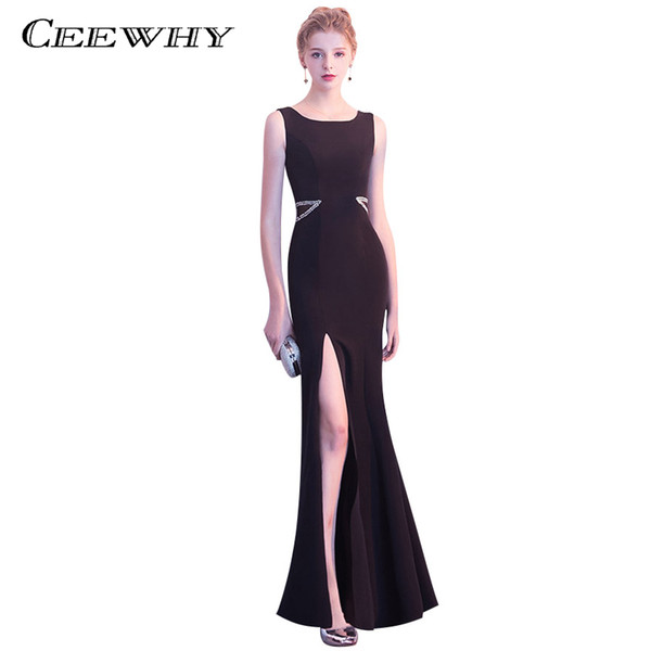 CEEWHY Mermaid Black Evening Dresses with Crystal Long Prom Dresses Robe de Soiree Longue Split Evening Gowns Formal Dress