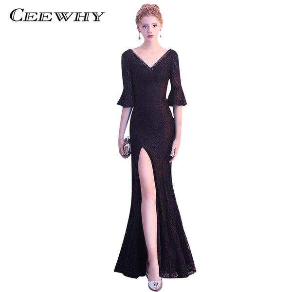 CEEWHY Black Mermaid Evening Dresses Half Sleeve Luxury Prom Dresses Robe de Soiree Longue Lace Evening Gowns Formal Dress