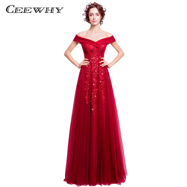 CEEWHY Boat Neck Burgundy Evening Party Dresses Luxury Appliques Evening Dress Robe de Soiree Longue Evening Gown Prom Dresses