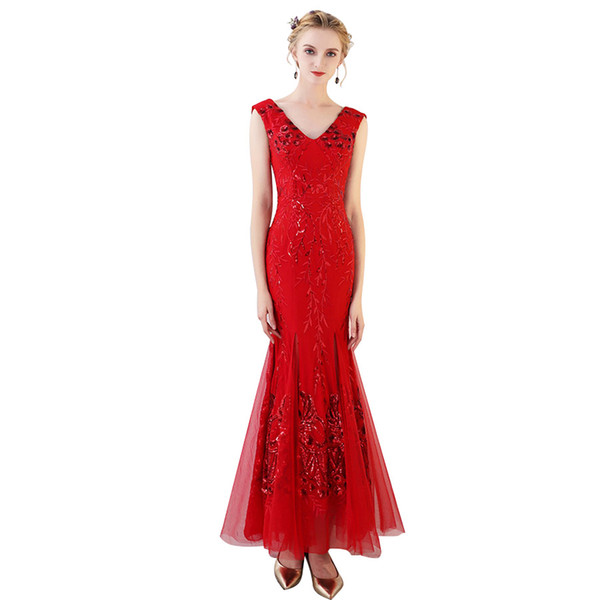 CEEWHY Sexy Backless Elegant Red Evening Dress Long Sequined Dresses Evening Prom Dresses V-Neck Mermaid Evening Gowns