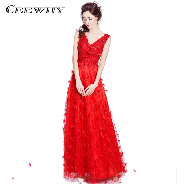 CEEWHY Sexy V-Neck Beading Evening Dress Elegant Prom Formal Dress Vestido de Festa Applique Embroidey Evening Gown Abendkleider