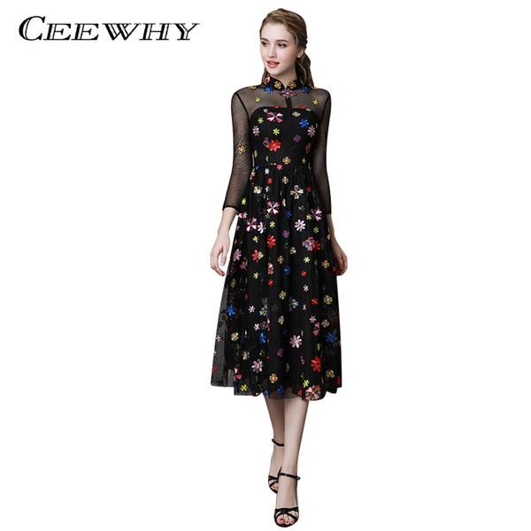 CEEWHY Floral Embroidery Formal Prom Dress Black Evening Dresses Tea-length Abiye Vestido de Noche Vintage Evening Dress