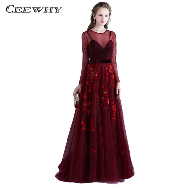 CEEWHY Burgundy Long Evening Dresses Appliques Evening Dress Long Sleeve Luxury Prom Formal Dress Evening Gown Robe De Soiree