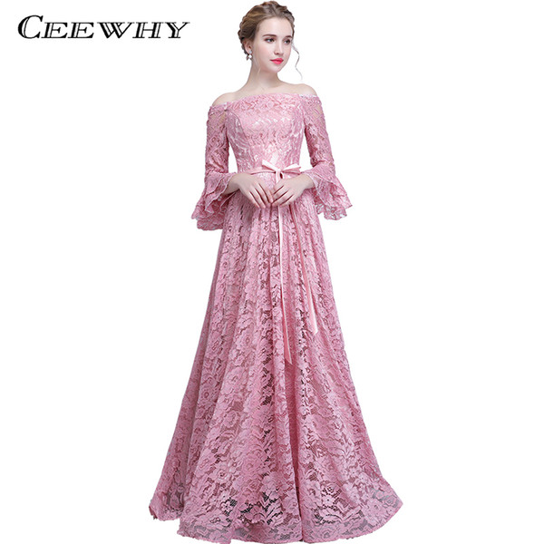 CEEWHY Boat Neck Ruffles Evening Dress Long Sleeve A-Line Lace Dress Prom Gown Vestido de Festa Longo Court Train Evening Gown