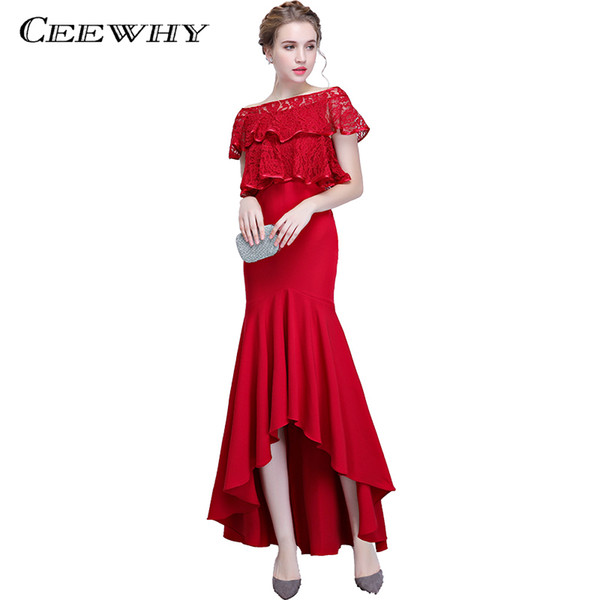 CEEWHY Novelty Fishtail Evening Dress with Warp Jacket Burgundy Trempet Mermaid Evening Gown Satin Lace Dress Robe de Soiree