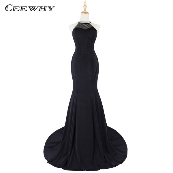 CEEWHY Real Picture Formal Evening Dresses Crystals Beading Evening Gowns Black Prom Dress Floor-length Vestido De Festa