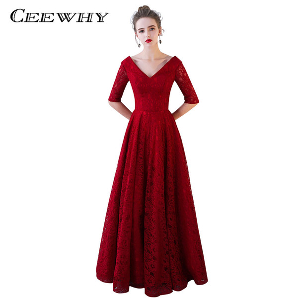 CEEWHY Half Sleeve Lace Evening Dresses Prom Dresses Robe de Soiree Longue Formal Gown Dress Evening Party Dresses Burgundy