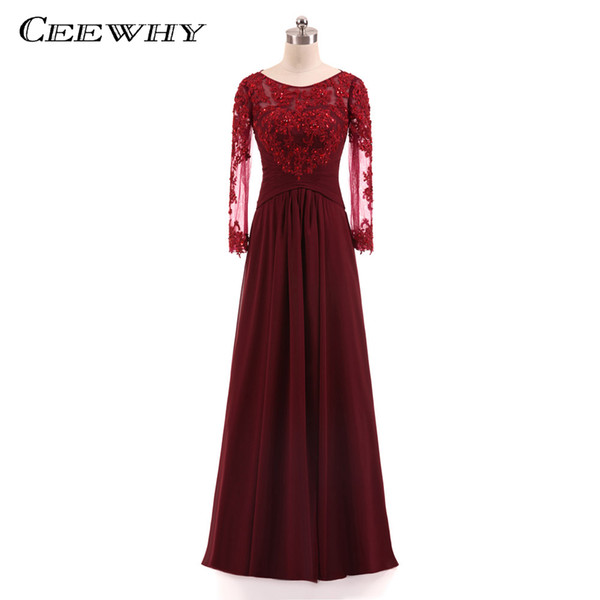 CEEWHY Burgundy Vestido de Festa Embroidery Long Sleeve Evening Dresses Prom Dresses Formal Gown Chiffon Evening Dress lange abendkleider