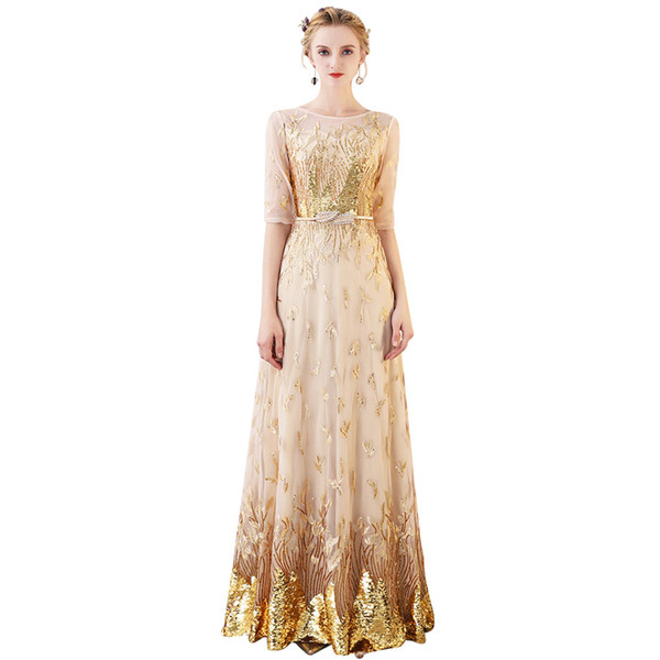 CEEWHY O-Neck Sequined Evening Dress Gold Half Sleeve Long Dresses Evening Prom Gowns Robe de Soiree Courte Abendkleider