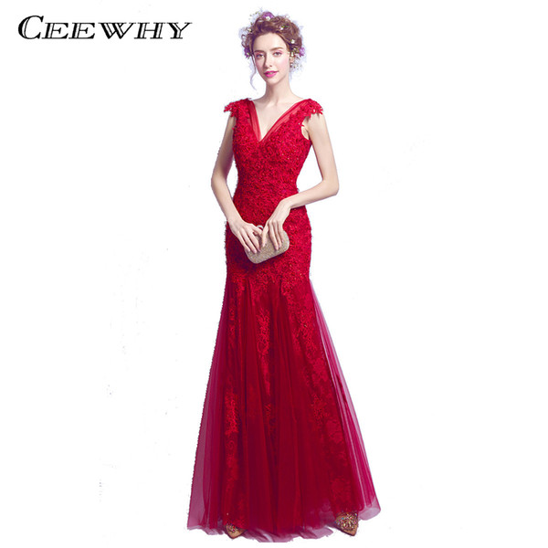 CEEWHY Burgundy Embroidery Lace Evening Dresses Elegant Prom Formal Dress Vestido de Festa V-Neck Mermaid Evening Gown Long