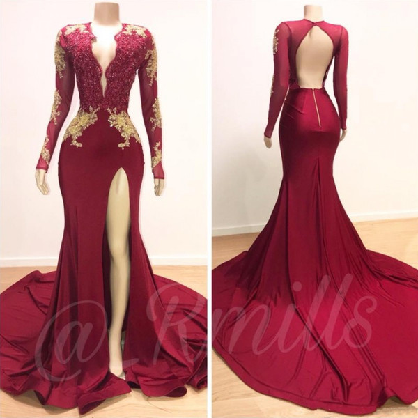 New Sexy Burgundy Prom Dresses Long Sleeves Mermaid Plus Size Gold Lace Appliques High Split African Arabic Formal Evening Party Gowns