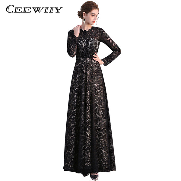 CEEWHY O-Neck Formal Dress Black Evening Dresses Long Lace Prom Dresses Abiye Vestido de Noche Vintage Evening Dress Long Sleeve