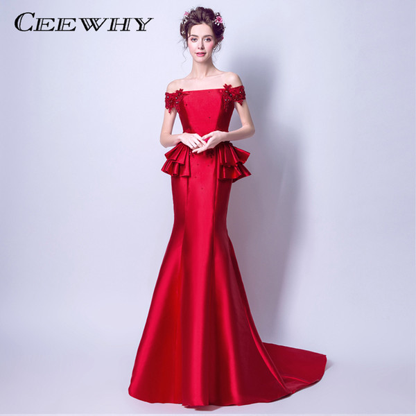 CEEWHY Navy Blue Trumpet Mermaid Evening Dresses Elegant Prom Formal Dress Vestido de Festa Ruffles Beading Evening Gown Long