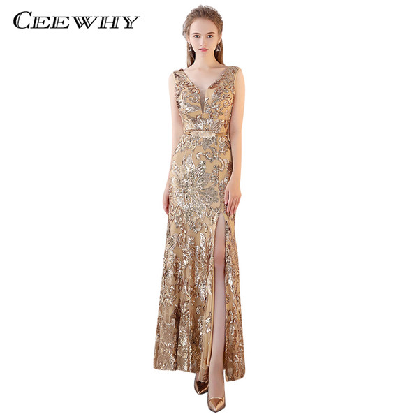 CEEWHY Sleeveless Gold Formal Dress Mermaid Evening Party Gowns Sequined Evening Dresses Long Abendkleider Christmas Dress