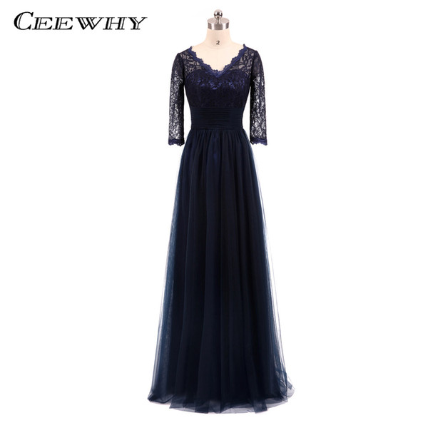 CEEWHY V-neck Vestido de Festa Long Sleeve Evening Dresses Prom Dresses Gown Tulle Lace Evening Dresses Long Formal Party Dress