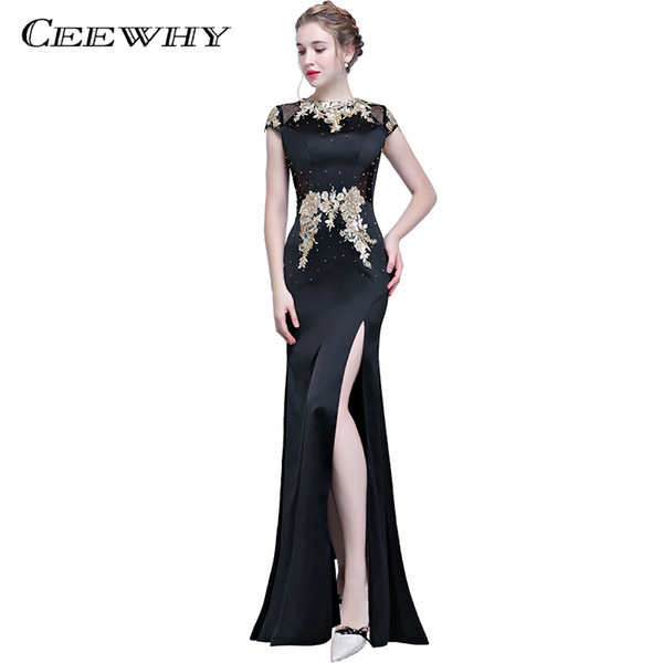 CEEWHY Embroidery Beading Side Split Black Evening Dress Long Elegant Formal Party Prom Dresses Mermaid Evening Gown Abiye