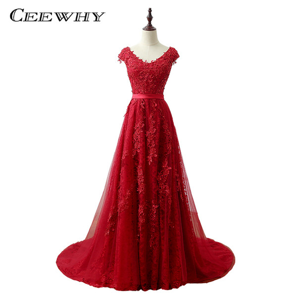 CEEWHY Embroidery Lace Long Evening Dress Burgundy Evening Dresses Prom Dresses Appliques Formal Evening Gown Vestido de Festa