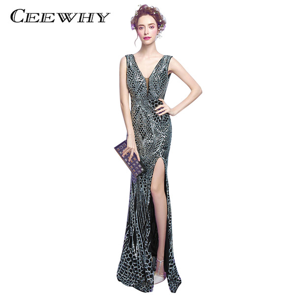 CEEWHY Abendkleid Sequined Black Evening Dresses Elegant Prom Formal Dress Vestido de Festa V-Neck Mermaid Evening Gowns