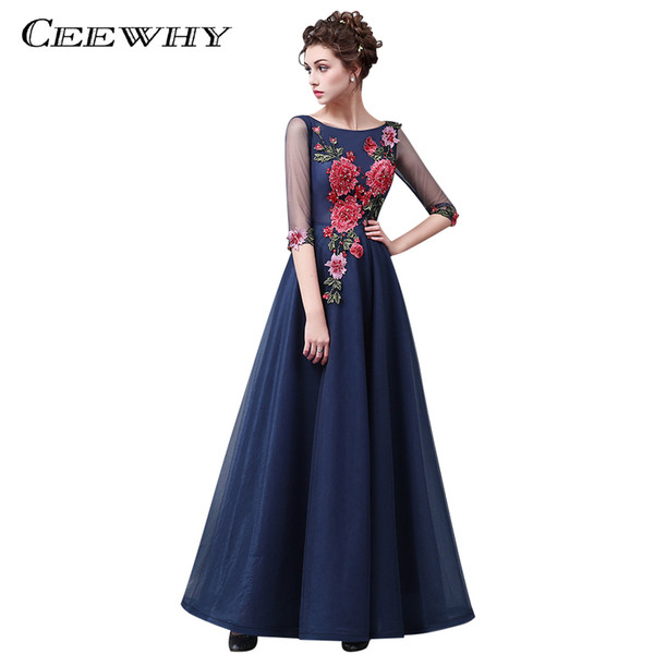 CEEWHY Navy Blue Red A-Line Formal Gowns Half Sleeve Prom Dresses Floral Embroidery Evening Dress Long Christmas Dress Abiye