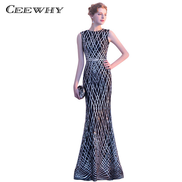 CEEWHY Vestido de Festa Abendkleider Mermaid Evening Dresses Prom Dresses Plaid Sequined Evening Dress Long Evening Gown Black