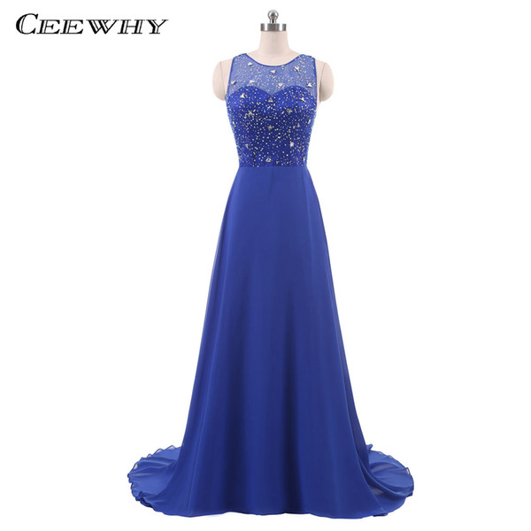 CEEWHY Court Train Beading Crystal Evening Dress Chiffon Prom Dress Long Evening Gown Bride Banquet Party Dress Vestido de Festa