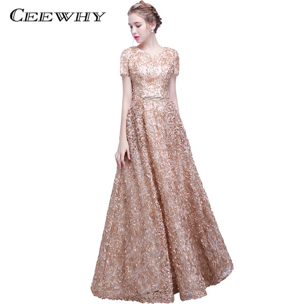 CEEWHY Short Sleeve A-Line Formal Gown Appliques Beading Evening Dress Party Elegant Long Evening Gowns Avondjurken Gala Jurken