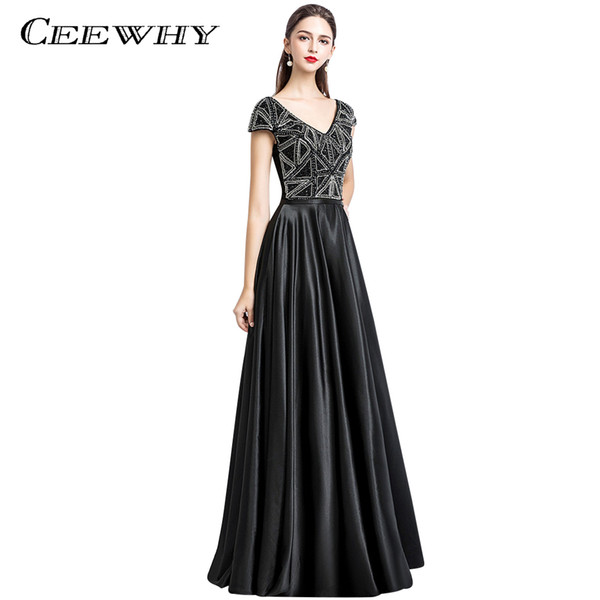 CEEWHY V-Neck Long Evening Dresses Beading Crystal Black Evening Dress Luxury Prom Formal Dress Evening Gown Robe De Soiree