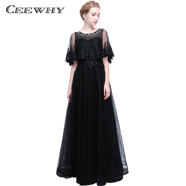 CEEWHY Tassel Black Evening Dress with jacket Wrap A-Line Long Tulle Prom Dress Mother of the Bridal Dress Formal Evening Gown