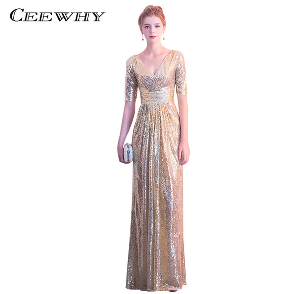 CEEWHY V-Neck Prom Dresses Long Vestido de Festa Long Sequined Evening Dress Gold Mermaid Formal Gowns Dress Evening Party Dress