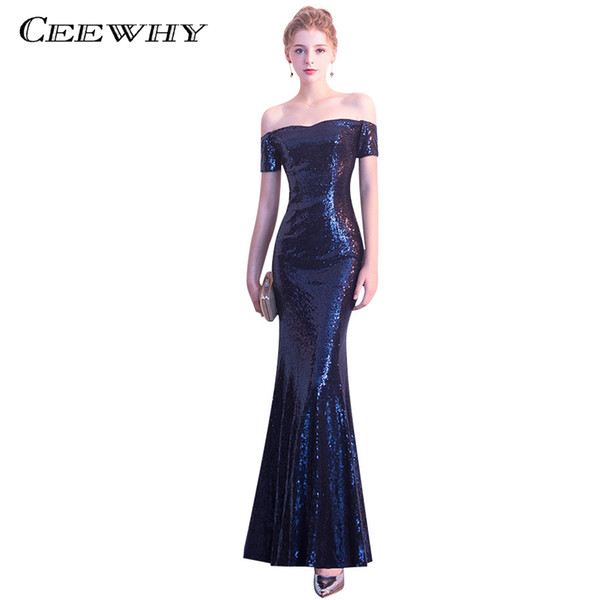CEEWHY Boat Neck Mermaid Women Evening Dress Long Prom Dresses Abendkleider Sequined Evening Gowns Special Occasion Formal Dress