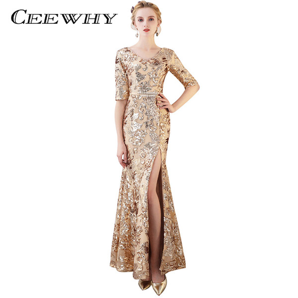 CEEWHY Split Half Sleeve Evening Dress Gold Prom Dresses Half Sleeve Mermaid Long Party Dress Sequined Evening Gowns