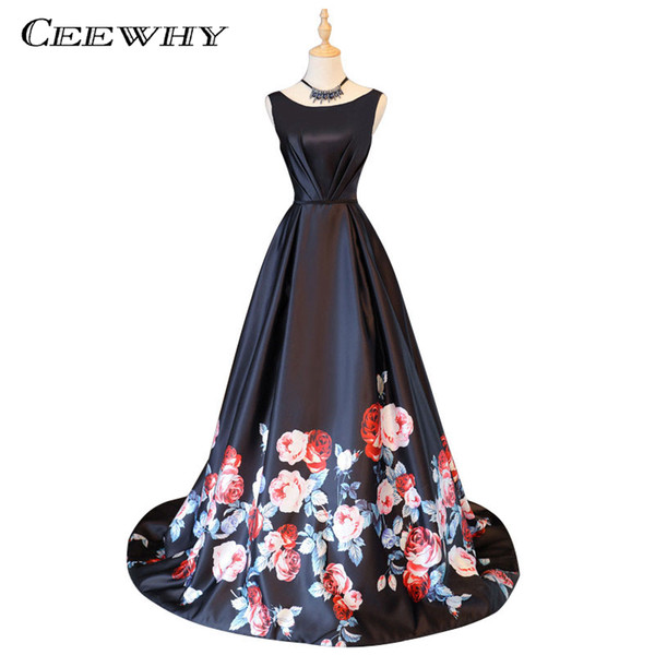 CEEWHY Floral Printed Long Evening Dresses Prom Dresses Formal Evening Gown Vestido de Festa Court Train Black Evening Dress